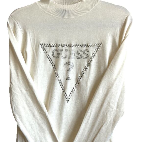 VTG 90s y2k Guess studded sweater Logo Turtleneck Large Rhinestones Studs cream - Picture 1 of 12